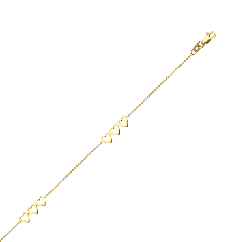 14K solid Yellow Real Fine Gold Adjustable Open Heart Trio Anklet